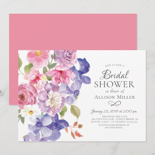 Paarse Violets Floral Bridal Shower Invitations Kaart (Voorkant / Achterkant)