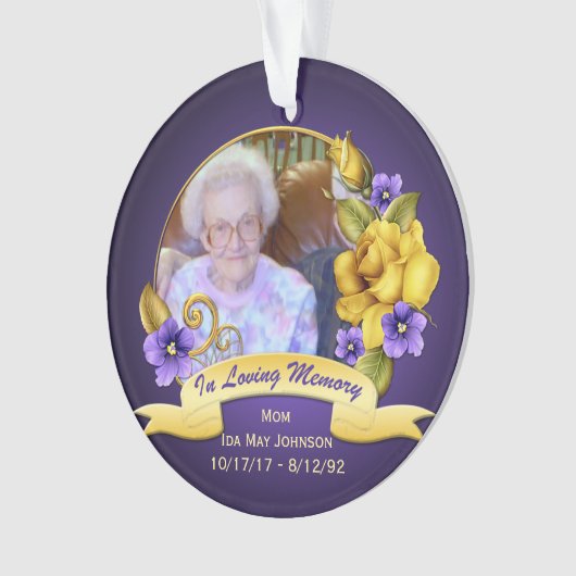 Paarse Violets Gele rozen Memorial Keepslag Ornament (voorkant)