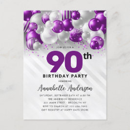 Paarse Violette Ballon Glitter 90e Verjaardag Briefkaart