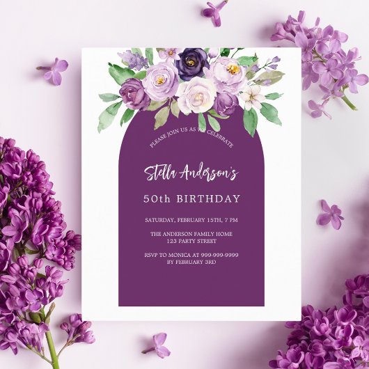 Paarse violette bloemen budget verjaardagsuitnodig