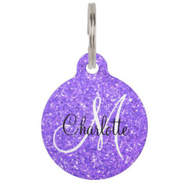 Paarse violette sprankelende glitter monogram huisdierpenning
