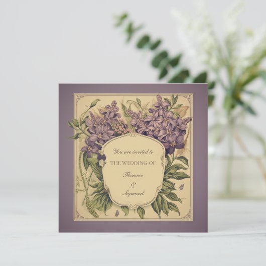  Paarse viooltjes bloemenbruiloft uitnodiging (Staand voorkant)