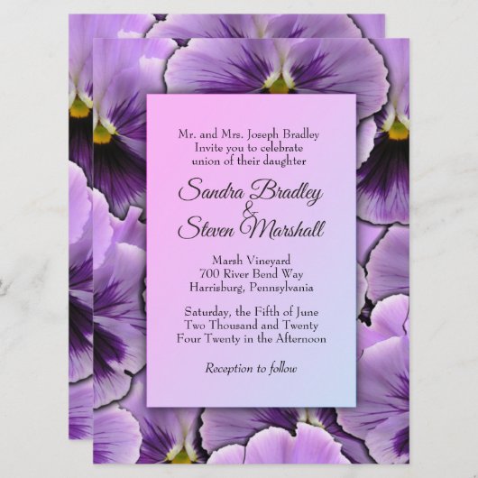 Paarse Viooltjes Bruiloft Uitnodiging (Voorkant / Achterkant)