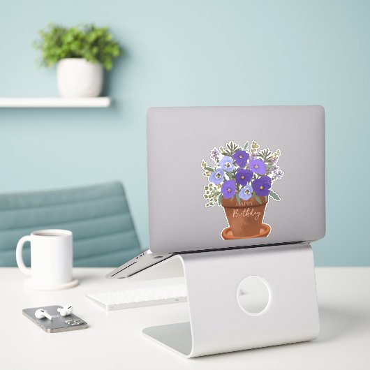 Paarse viooltjes februari geboortebloem boeket sticker (Laptop op bureau)