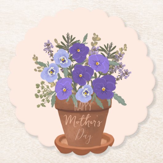 Paarse viooltjes in een pot – Moederdag bloemstuk Kartonnen Onderzetters (Voorkant)