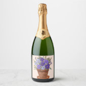 Paarse viooltjes in een pot – Moederdag bloemstuk Sparkling Wijnetiket (Voorkant)