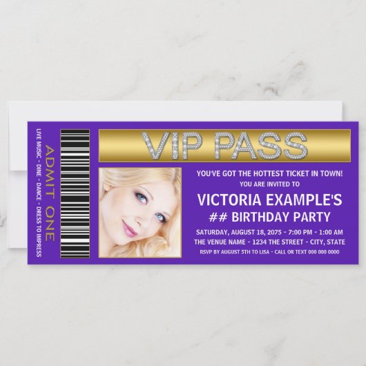 Paarse VIP Pass toegangsbewijs verjaardagsfeestje Kaart (Voorkant)