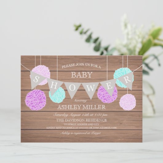 Paarse vlaggen n Fluffs - Baby shower Uitnodiging (Staand voorkant)