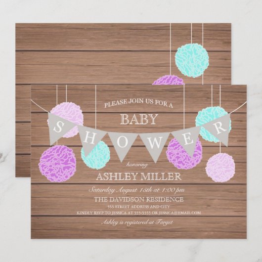 Paarse vlaggen n Fluffs - Baby shower Uitnodiging (Voorkant / Achterkant)