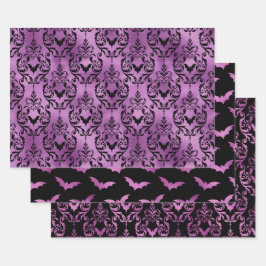 Paarse Vleermuis Halloween Damast Patronen Inpakpapier Vel
