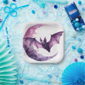 Paarse vleermuis met halve maan Waterverf Papieren Bordje (Feest)