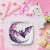 Paarse vleermuis met halve maan Waterverf Papieren Bordje (Feest)