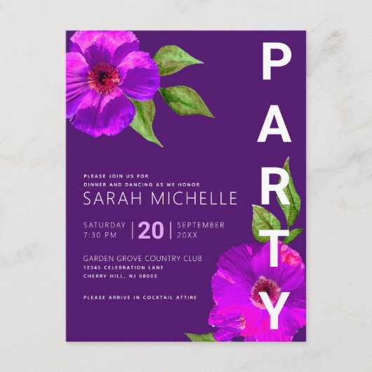 Paarse vleermuis mitzvah bloemige Waterverf vet mo Informatiekaartje (Voorkant)