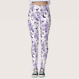Paarse vleermuizen en bloemen Halloween Leggings