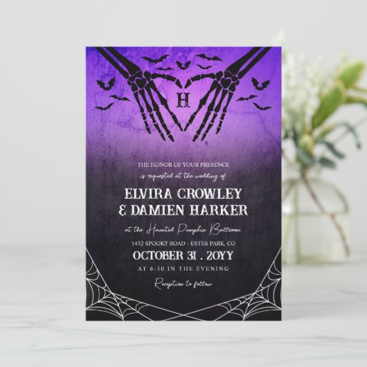 Paarse vleermuizen skelet hart Gothic halloween br Kaart (Staand voorkant)