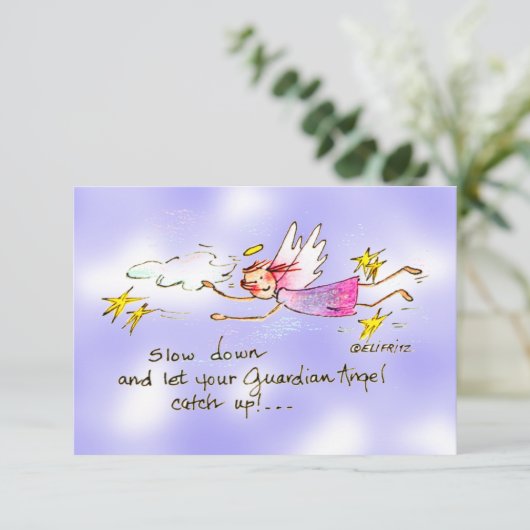 Paarse vliegende engel: gouden sterren zeggen lang bedankkaart (Staand voorkant)