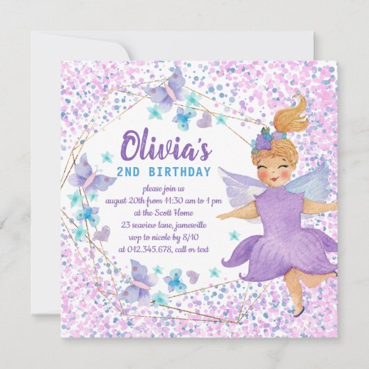 Paarse vliegende vlinder Heart Confetti Birthday Kaart (Voorkant)