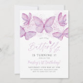 Paarse vlinder 1e verjaardag Uitnodiging om baby m (Voorkant)