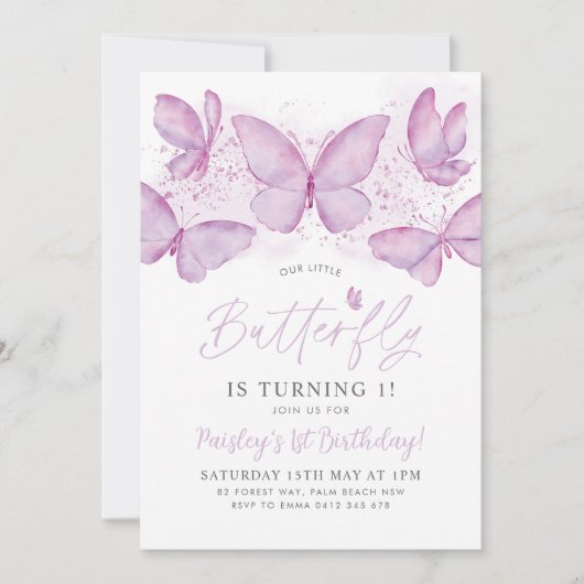 Paarse vlinder 1e verjaardag Uitnodiging om baby m (Voorkant)