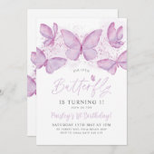 Paarse vlinder 1e verjaardag Uitnodiging om baby m (Voorkant / Achterkant)