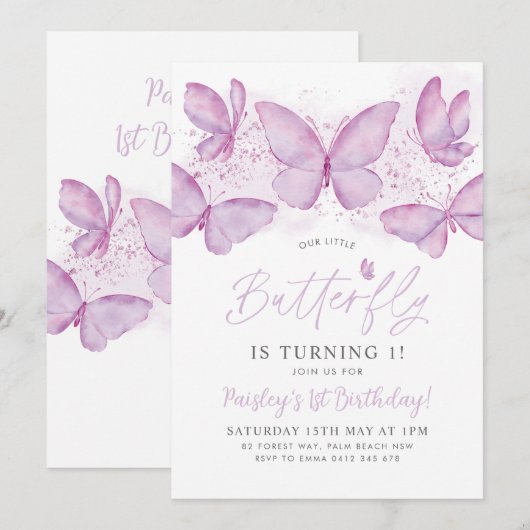 Paarse vlinder 1e verjaardag Uitnodiging om baby m (Voorkant / Achterkant)