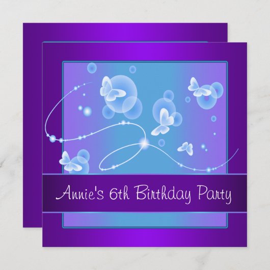 Paarse vlinder 6e verjaardagsfeest kaart (Voorkant / Achterkant)