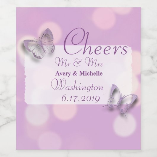 Paarse Vlinder Aangepast Huwelijk Wijn Etiket (Enkel label)