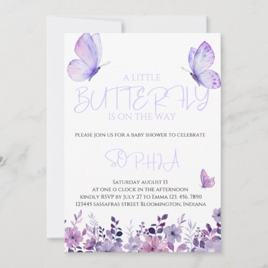 Paarse Vlinder Baby Douche Uitnodigingen (Voorkant)