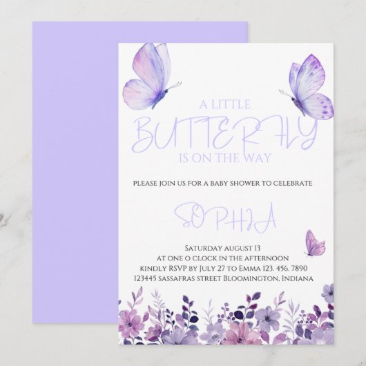 Paarse Vlinder Baby Douche Uitnodigingen (Voorkant / Achterkant)