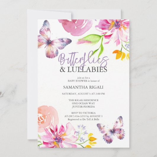 Paarse Vlinder Baby Douche Uitnodigingen (Voorkant)