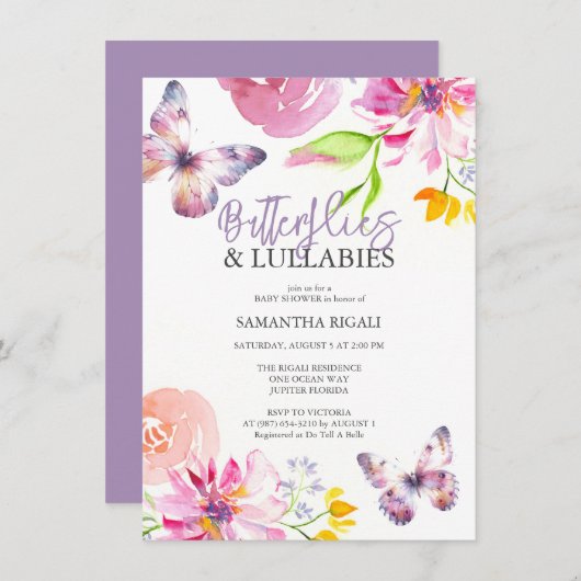 Paarse Vlinder Baby Douche Uitnodigingen (Voorkant / Achterkant)
