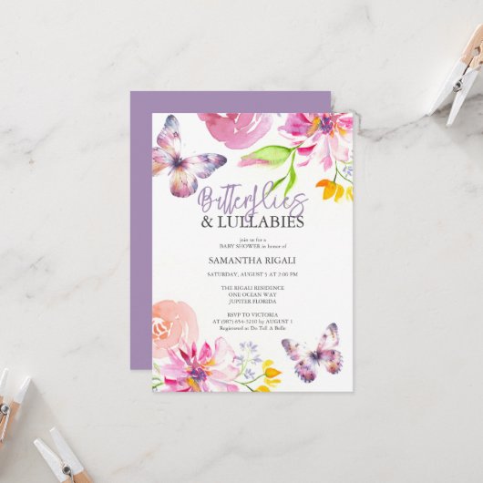 Paarse Vlinder Baby Douche Uitnodigingen (Voorkant / Achterkant in situ)