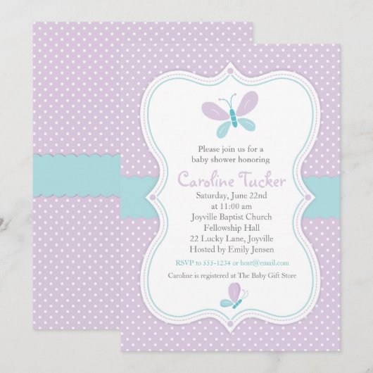 Paarse vlinder baby meisje douche uitnodiging (Voorkant / Achterkant)