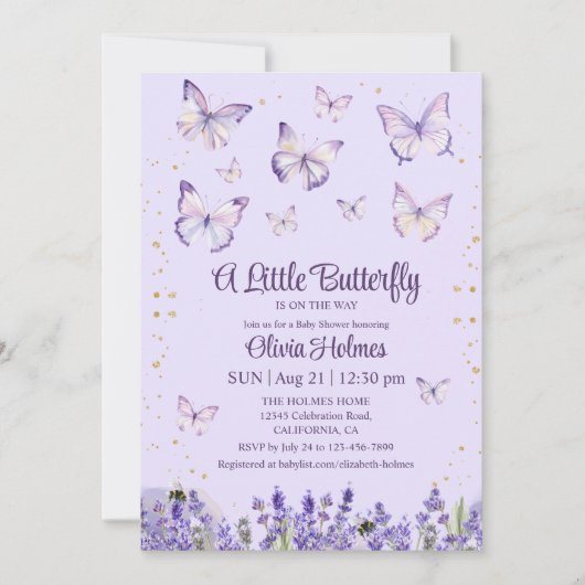 Paarse Vlinder Baby Meisje Shower Uitnodiging (Voorkant)