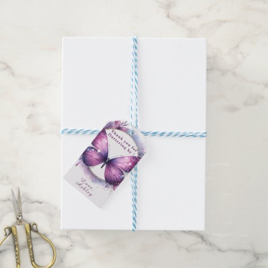 Paarse Vlinder Baby shower Dank u Cadeaulabel (Met Touw)