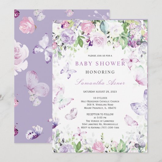 Paarse Vlinder Baby Shower Kaart (Voorkant / Achterkant)