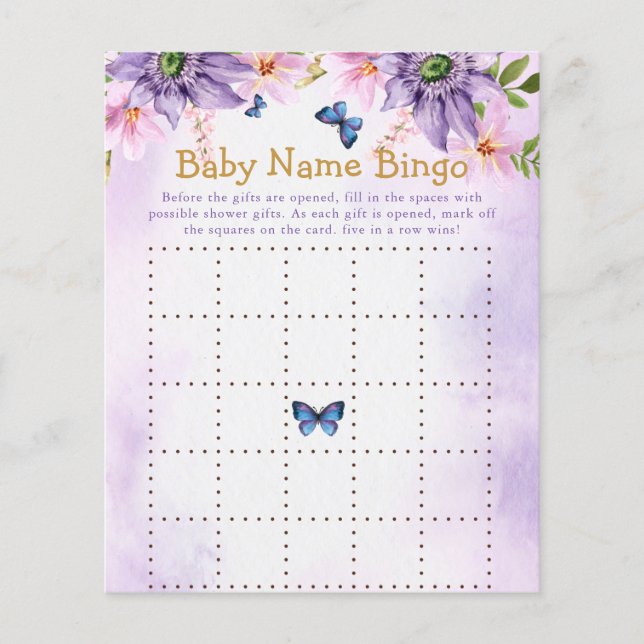 Paarse Vlinder Baby shower Spel Bingo (Voorkant)