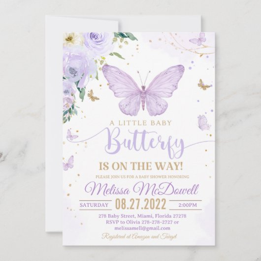 Paarse Vlinder Baby shower Uitnodiging Meisje Invi (Voorkant)