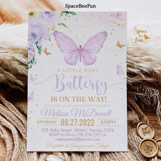 Paarse Vlinder Baby shower Uitnodiging Meisje Invi