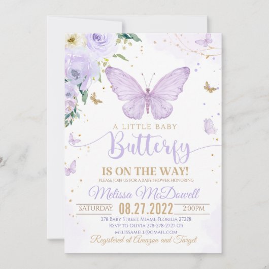 Paarse Vlinder Baby Shower Uitnodiging Meisje uitn (Voorkant)
