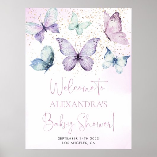 Paarse vlinder Baby shower Welkomstbord Poster (Voorkant)