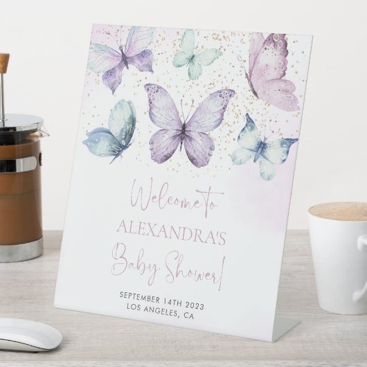 Paarse vlinder Baby shower Welkomstbord Reclamebord Met Voetstuk (Insitu)