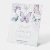 Paarse vlinder Baby shower Welkomstbord Reclamebord Met Voetstuk (Voorkant)