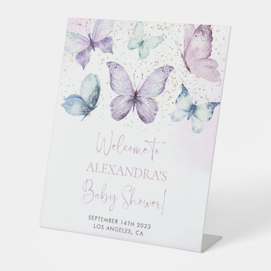 Paarse vlinder Baby shower Welkomstbord Reclamebord Met Voetstuk (Voorkant)