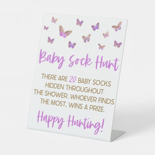 Paarse vlinder Baby Sock Hunt Baby shower Reclamebord Met Voetstuk (Voorkant)