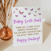 Paarse vlinder Baby Sock Hunt Baby shower Reclamebord Met Voetstuk