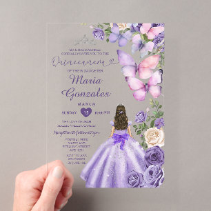 Paarse Vlinder Bloemachtige Prinsessen Jurk Quince Acryl Uitnodigingen