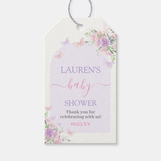 Paarse Vlinder Bloemen Baby shower Meisje Gift Lab Cadeaulabel (Voorkant)