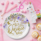 Paarse Vlinder Bloemen Quinceanera Party Papieren Bordje (Feest)