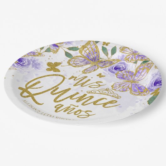 Paarse Vlinder Bloemen Quinceanera Party Papieren Bordje (Gekanteld)